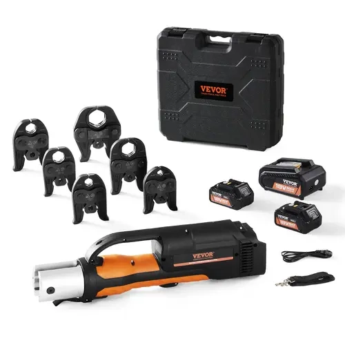 【toolupgrade】VEVOR 18V Electric Pro Press Tool Kit with LED Display, LED Battery Check, Auto Return - 1/2"-2" Stainless/Copper/PEX Pipe Crimping, 6 Jaws, 2x4AH Batteries, Fast Charger, Carrying Case, Forged Steel