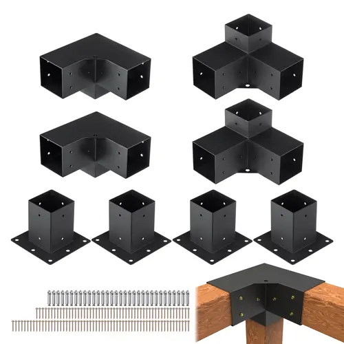 VEVOR 4"x4" Pergola Bracket Kit, 4 Pcs 3-Way Heavy-Duty Corrosion-Resistant Carbon Steel Corner Mounts, Rain-Shedding Base with Drain Holes Protect, 16 Stainless Expansion Screws, 2 Base Plates & Full Accessories for Garden Patio Deck,toolupgrade