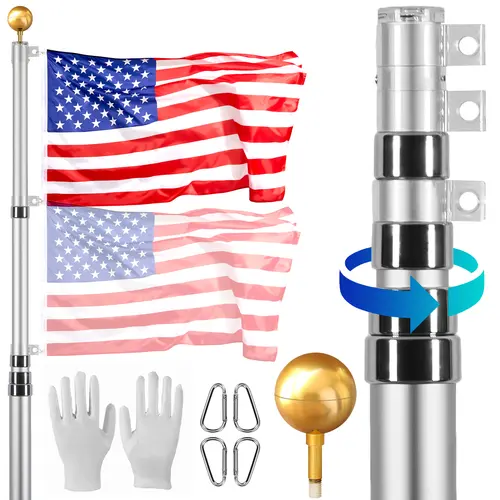 【toolupgrade】VEVOR 25FT Heavy Duty Aluminum Alloy Telescoping Flag Pole Kit, Outdoor In-Ground Flagpole with 3 Display Modes, 3x5 American Flag, Installation Accessories, PVC Pipes, Balls, Vibrant Silver Banners, Lightweight Adjustable Elegant, 25 Ft, In-