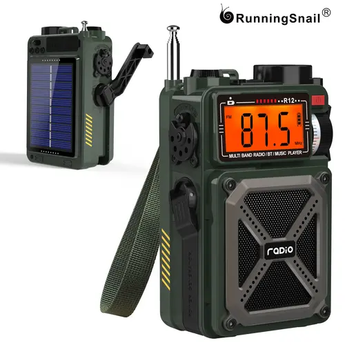 Running Snail Emergency NOAA Weather Radio, Digital AM/FM/SW WB, Bluetooth 5.4, Hand Crank Solar Charging, SOS Flashlight, TF Card Playback For Hurricane Winter Storm Outdoor