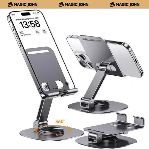 MAGIC JOHN 360-Degree Stable Alloy Adjustable Mobile Phone & Tablet Mount, Compact Pocket-Ready Foldable Ultra-Strong Silicone Support Electronics Accessory, Durable, Pocket‑Ready Fold, Zinc Metal