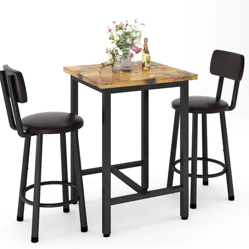Recaceik 3-Piece Modern Design Pub Dining Set - 24x24 in Counter Height Bar Table with 2-Person Stools, Rustic Brown Antique Furniture, Sturdy Metal Frame, MDF+Metal Compact Build for Home Bar, Kitchen Use,sohochic