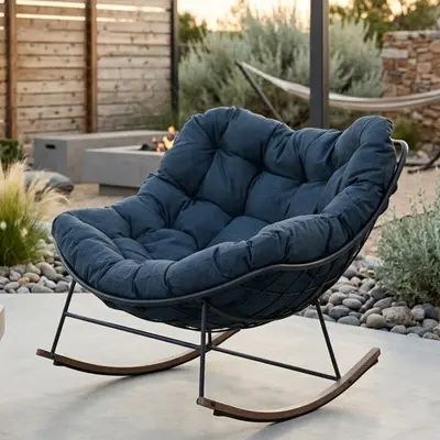GRAND PATIO Oversized Papasan Outdoor Rocking Chair with Thick Cushions, Cozy Patio Lounge Chair for Porch, Garden & Backyard