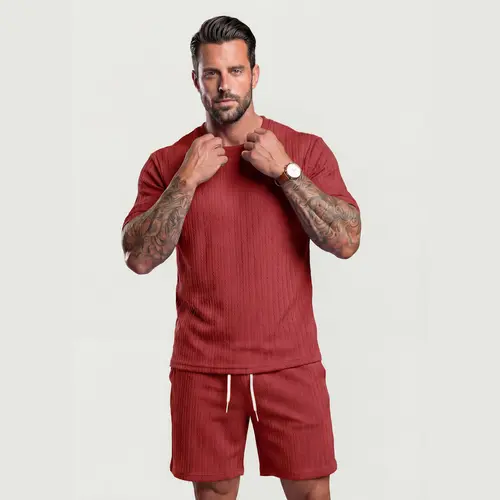 KZZ Men's Classic 2-Piece Plain Matching Set, Relaxed Fit Solid Textured Drop Shoulder Short Sleeve Crew Neck Tee & Drawstring Waist Shorts, Chic Spring Summer Loose Casual Outfits, Christmas Gifts for Him, Matching Sets,sohochic