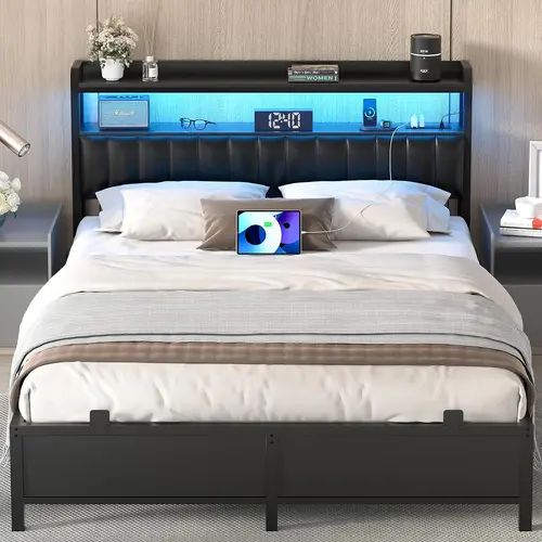 Bed Frame with Adjustable Upholstered Leather Headboard ＆ Charging Station ＆ LED Lights,Steel Slat Support,Modern Bedroom Apartment Interior Furniture Outdoorfun,dorm essentials,home decor,sohochic