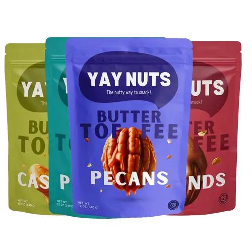 YAY NUTS Sweet-Salty Butter Toffee Real Nut Mix (Pecans, Cashews, Almonds, Peanuts) - Crunchy, All-Natural, Clean Labels, No Preservatives, Made in USA - Guilt-Free Snack with Real Ingredients - 12oz (340g) Fathers Day Gift Food
