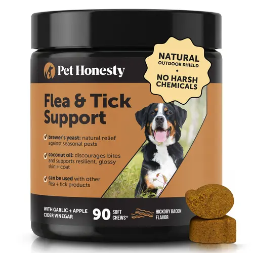 Pet Honesty Flea and Ticks Prevention, Chewable Dog Supplement with Coconut Oil for Skin, Coat & Immune Health Support - Hickory Bacon 90 Chews