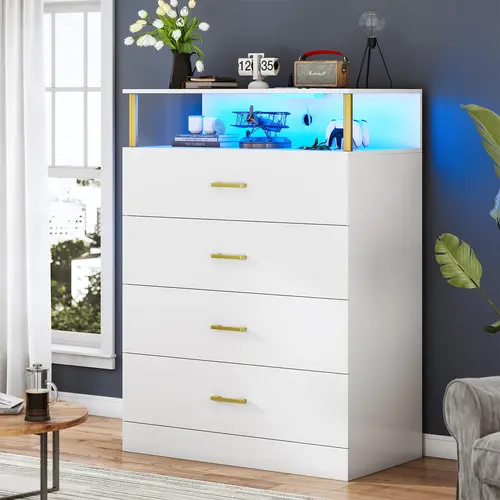 Sikaic Dresser for Bedroom with Column Design, 4 Drawers Dresser with Charging Station, Modern Bedroom Led Tall Dresser for Bedroom Closet Sufficient Storage Space Open Storage, Home Furniture Christmas Gifts [SohoChic]