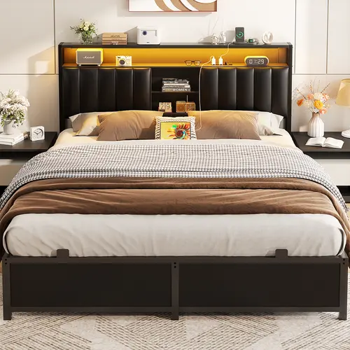 Cyclysio Queen/Full/King Size Smart Bed Frame with Led Adjustable Headboard, Charging Station, Leather Upholstery, Storage - Modern Bedroom Furniture,sohochic