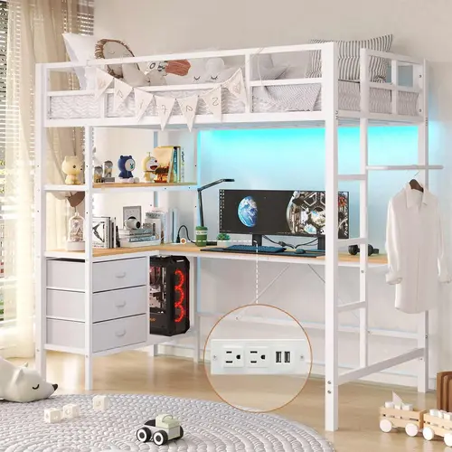 Sikaic LED Bed Frame with L Shaped Desk, Drawers, Storage Shelves & Safety Guard - Unique Bedroom Furniture for Kids, Home Furniture, Dorm Essentials [tiktokshopbacktoschool]