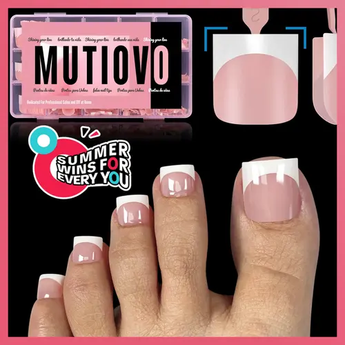 MUTIOVO Press on French Tip Soft Gel Acrylic Toe Nail Extensions - Sharp Square Pre-Designed Full Cover Acrylic Toe Nails, Pre-Applied Primer & Base Coat, 15 Sizes 240 Pcs, Easy Apply for Swimming Pool (No Glue, Top Coat, UV Lamp),sohochic