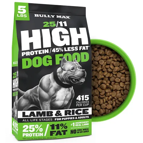 Bully Max High Protein-Low Fat Universal Dog Food Kibble - 25/11 Nutrient Ratio, Chicken-Free Lamb Flavor, 415 Calories/Cup, Muscle Growth, Lean Body Support, Immune Booster, L-Ascorbyl-2-Polyphosphate (Vitamin C Source)