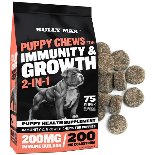 Bully Max 2-in-1 Grain-Free Turkey Flavor Puppy Soft Treats - 75 Chews, 7–10.02 kcal/chew, 20lb Target, Natural Blend Daily Dog Supplement for Immunity, Growth, Digestion, Muscle Support (Colostrum, Fur & Skin Care, No Artificial Colors)