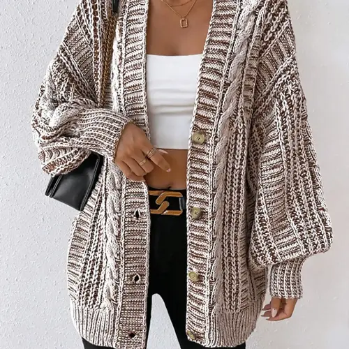 Women's Textured Lantern Sleeve Button Front Knitting Cardigan, Elegant Casual V Neck Long Sleeve Cardigan, Ladies Oversized Knitwear for Fall & Winter, Womenswear, Fashion Knitted Outerwear for Daily Wear