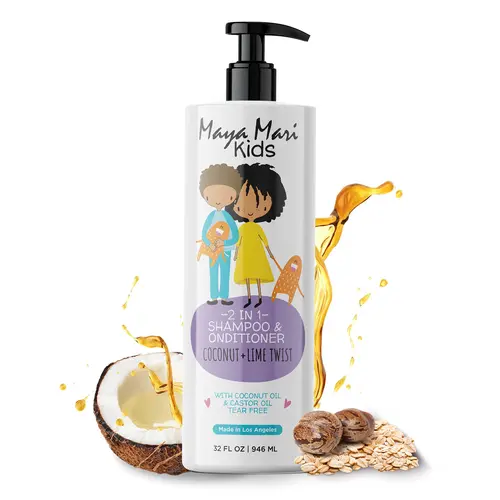 Maya Mari Kids 2-in-1 Shampoo & Conditioner Cleanser - 32 fl oz Tear-Free with Coconut Oil, Castor Oil - Nourishing, Hydrating Haircare to Restore Moisture for Silky Locks, Smooth, Anti-Frizz, Gentle, Moisturizing, Wavy, Curly Locks sohochic