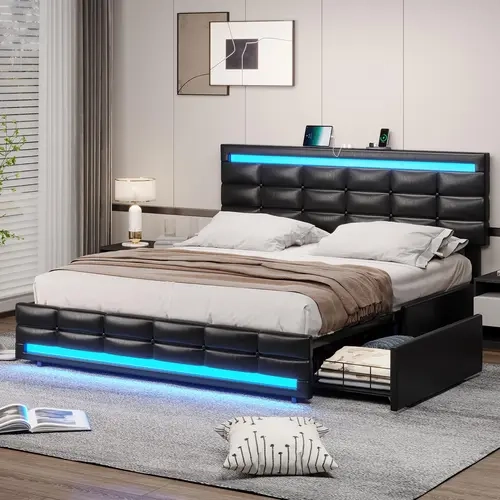 SIKAIC Queen Size PU Leather Upholstered Modern Platform Bed Frame - Adjustable Silent Design, LED Lights, Storage Drawers, USB Port Charging Station, Wireless, No Fire Safety Label, Black Smart Bed for Modern Bedroom, Assembly Required