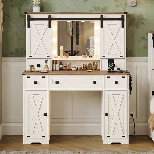 Sikaic Farmhouse Vanity Desk with Mirror and Lights, White Makeup Dressing Table with Charging Station, Rustic Vanity Mirror with Sliding Barn Door, Vanity Table with 3 Lighting Modes Adjustable, Home Furniture Christmas Gifts [SohoChic]