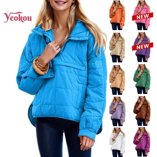 Yeokou Women's Quilted Nylon Puffer Jacket - Casual Loose Hooded Pullover Coat, Lightweight Foldable for Outdoor-Street Wear, Button Closure, M Size Clothes, Ideal for Thanksgiving Gatherings with Friends,sohochic