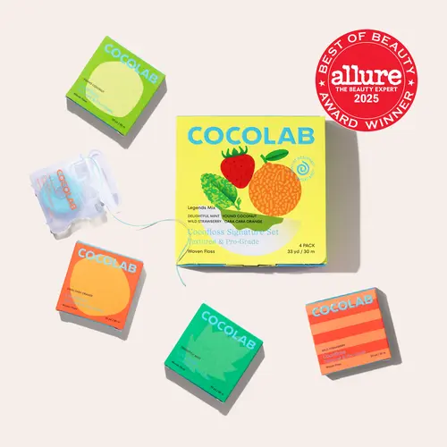 COCOLAB Happiness 4-Piece Set — 4pc Woven Dental Floss with Coconut Oil, Dentist-Designed Eco-Friendly Oral Care to Remove Plaque – 4 Waxed Floss Spools (33 yd, 2 month supply each)
