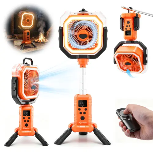 Saker Upgraded Portable Camping Mist Fan - 20000mAh Rechargeable Outdoor Fan with Adjustable Tripod, Hook, LED Lighting, 4-Speed Settings, Digital Display, Timer, Automatic Oscillation, Lightweight Summer Essential