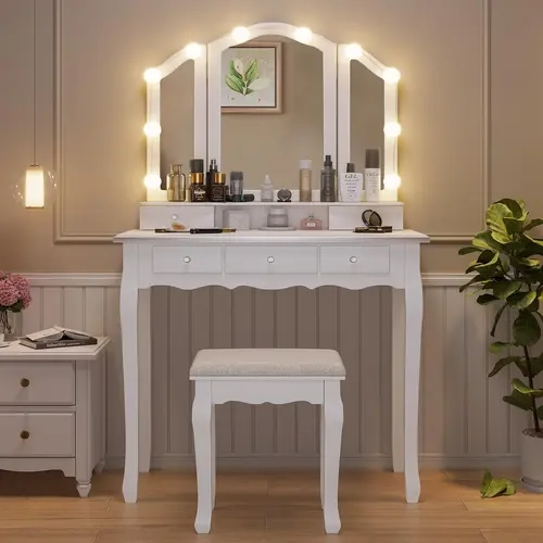 SIKAIC Makeup Vanity Desk with Lighted Mirror and Stool, 5 Drawers, Storage and 3 Adjustable Light Modes, Vanity With Mirrors, Led Vanity Dresser