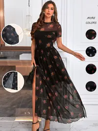 Women's Rose Floral Print Sheer Lightweight Fit Split Thigh A-Line Dress, Gothic Vintage Elegant Casual Style Short Sleeve Round Neck Dress for Party, Holiday and Wedding Guest, Ladies All-Season Clothes Womenswear Wedding Guest Dresses