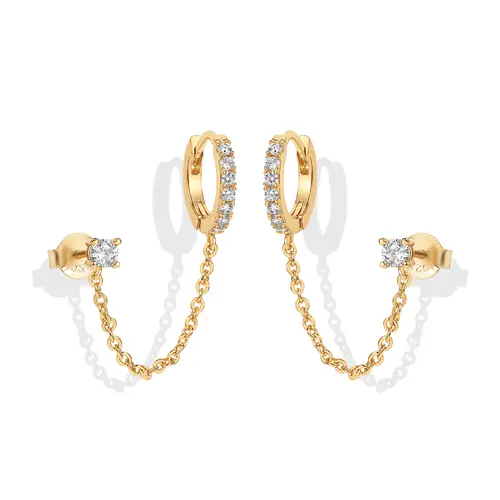 PAVOI 14K Gold Plated Chain Earrings for Women - Double Piercing Dangle Chain Huggie Hoop Earrings - Cubic Zirconia Single Stud Ear Cuff Earrings for Women