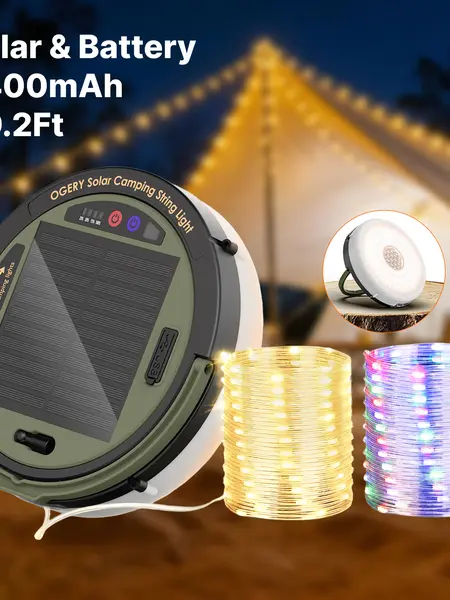 OGERY Solar Camping String Lights, 5400mAh 49.2Ft Retractable LED String Lights, Solar & Battery Powered, Waterproof Emergency Outdoor Lights