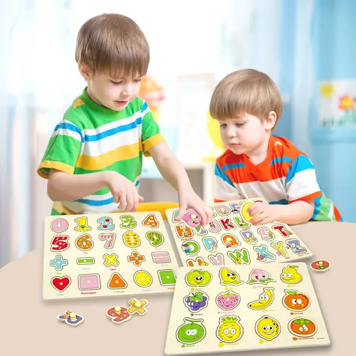 edutree Wooden Peg Puzzles for Toddlers 1 2 3 4, 6 Pack Educational Peg Puzzles Montessori Toys, Learning Puzzles for Kids Girs Boys with Alphabet Number Animal Vehicle Shape, Halloween gift, Mother's Day Crafts, #backtoschool #sohochic