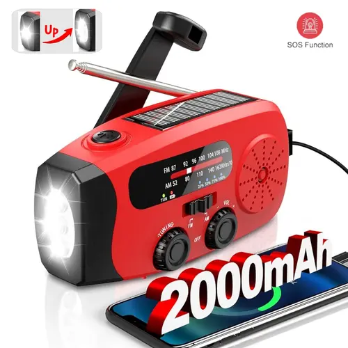 2000mAh Solar Hand Crank Emergency Radio - 3-Way Power (Solar Charging, 2000mAh Rechargeable Battery, Type-C USB), AM/FM/NOAA Radio Access, 3 LED Flashlight, SOS Alarm, 5.1x2.1x2.4in Portable for Hurricane & Winter Storm Preparedness
