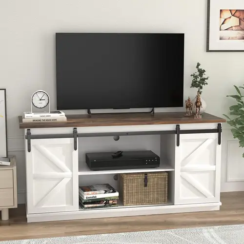 Furmax 58" Wood TV Stand with Sliding Barn Doors, Rustic Farmhouse Console Cabinet for Up to 65" TVs, Farmhouse Home Decor Indoor Bedroom Furniture