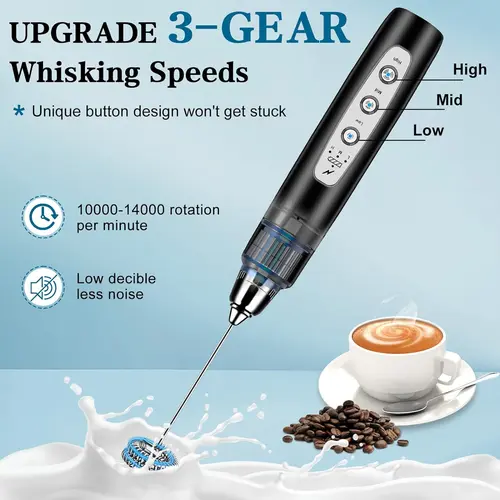 ODIFORGO Handheld Milk Frother for Coffee, 3-Speed Electric Stainless Steel Whisk Mixer with 3 Whisks, 1200mAh Rechargeable Compact Wand, 15-20s Smooth Milk Foam Maker for Latte/Cappuccino, Handheld Beverage Mixer, Portable Kitchen Mixer,sohochic