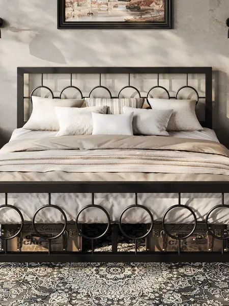 HOOMIC Metal Platform Bed Frame【Frame Only No Mattress】with Vintage Circular Design Headboard and Footboard,Extra Under-Bed Storage,Bedroom Furniture,No Box Spring Needed,Black/Brown,Twin/Full/Queen/King Size#SummerVibes
