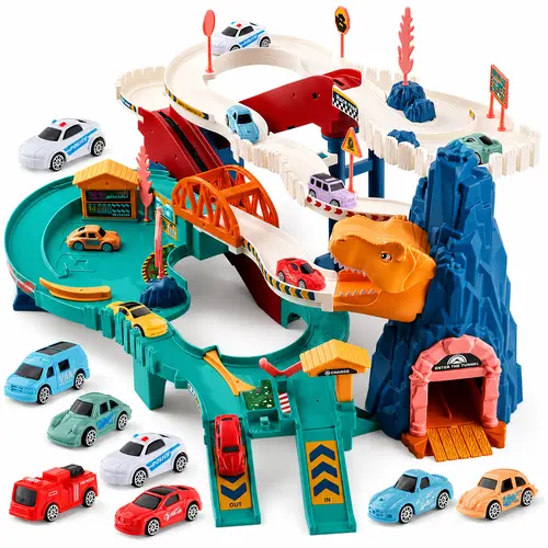Dinosaur Race Track Car Toy Playset for Boys Age 3-7, Multi-Level Parking Garage with Electric Elevator Ramp & Play Mat, Interactive Dual-Route Vehicle Adventure Gift