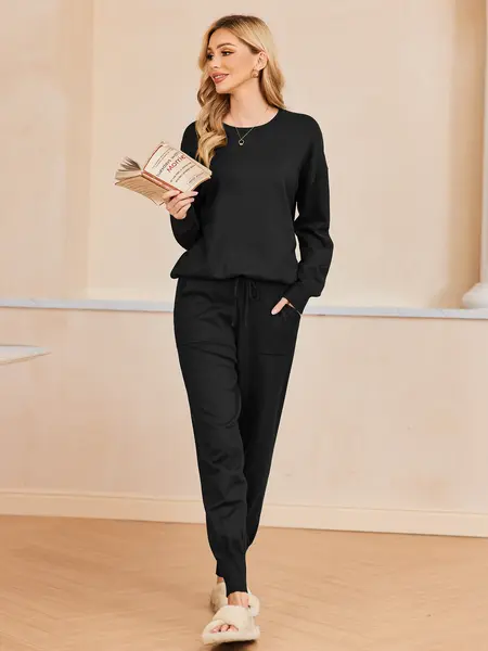 Women's 2 Piece Lounge Set Long Sleeve Knit Pajamas Sweatsuit Jogger Pant Outfits With Pockets S-XXL,Outfits for Daily, Downtown Girl Clothes. Fal Outfits, Christmas 2025 Trend, Fall & Winter Womenswear Loungewear Nightwear Soft Sweater