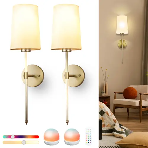 [FallPick] Battery-Operated Wall Sconce Set of 2 with Remote Control, White Fabric Shade Dimmable 15 RGB Rechargeable LED Wall Lights, Indoor Lighting for Bedroom, Entryway, Aesthetic Room & House Decor, Room Decor, Lights For Bedroom, Modern,sohochic