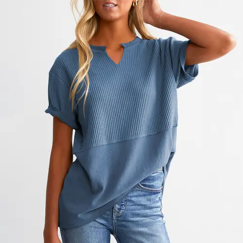 Shewin Women's Waffle Knit Tunic Top, Casual V-Neck Short Sleeve Loose Fit Shirt, Lightweight Basic Summer Clothes for Beach, Party,back to school,back to school shopping, Fits, Fabric,clothes for back to school,first day of school outfits,sohochic