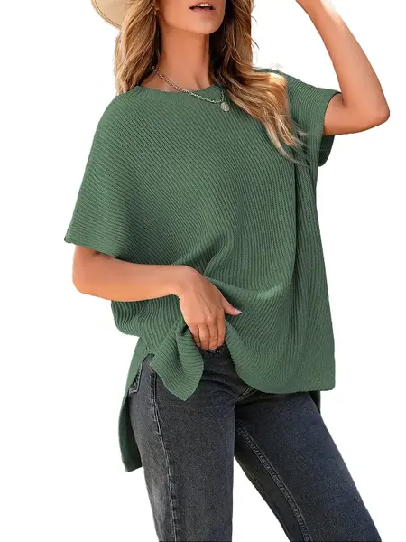 Shewin Women's Casual Oversized Solid Knit Pullover Sweater with Puff Short Sleeves, Round Neck and Side Slit, Lady, Piece, Elegance,back to school,back to school shopping, Women's Clothes Crewneck Elegant,sohochic