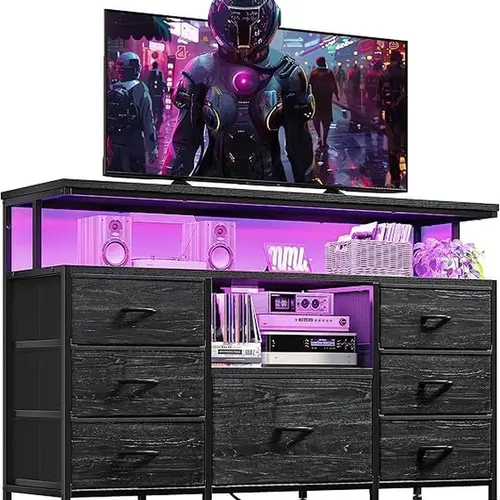 【Back to School】Raybee Furniture 7 Fabric Drawers Dresser TV Stand,   with LED Lights & power outlets for 55" TV, for Bedroom Entertainment Center,  for Living Room tv stand
