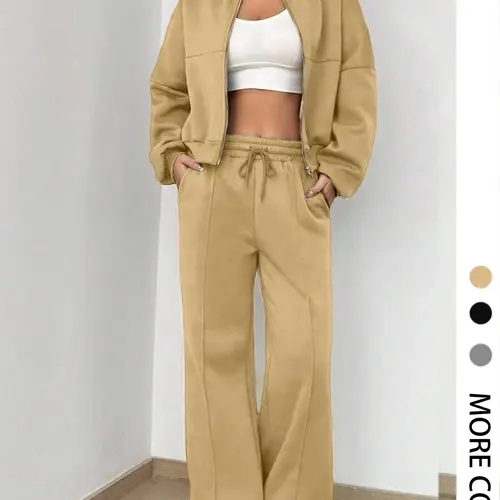 Women's Solid Zip Up Crop Jacket & Adjustable Drawstring Waist Pants Two-piece Set, Casual Fashion Everyday Drop Shoulder Long Sleeve Fitted Top & High Waist Trousers for Daily Outdoor Wear, Women's Clothing Womenswear for Spring & Fall