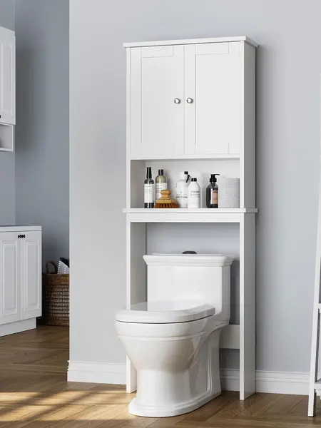 Walsunny Over The Toilet Storage Cabinet, Bathroom Shelf Organizer with Anti-Tip Device Small Freestanding Space Saver with Adjustable Decor Racks