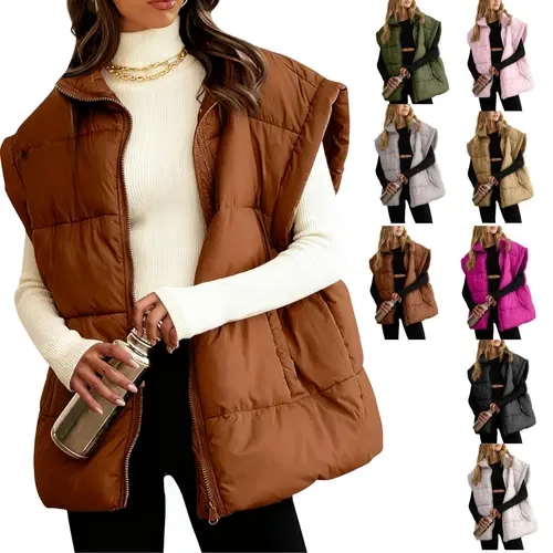 Ommig Women's Oversized Quilted Puffer Vest - Mid-Length Lightweight Zip-Up, Cap Sleeves, Stand Collar, Pockets, H-Type, Plain Preppy Style for Layering Outfits, Puffer Vest Women's Casual Jackets,sohochic