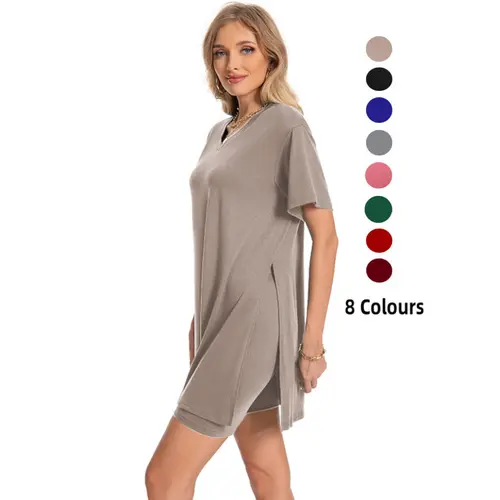 Women's 2-Piece Lounge Tracksuit - Basic Short-Sleeve Oversized Shirt & Biker Shorts Set, Reversible Split Hem, Jogger-Inspired, for Lady's Airport Travel & Workout, S-3XL Women's Clothes, 2026 Minimalist Summer Outfit