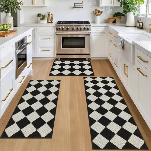 [Back to School] HEBE 3-Piece Washable Kitchen Mat Set with Red Non-Slip Rubber Backing, Including Kitchen Runner Rug, Ideal for Winter Holiday Home Decor, Laundry Room Use