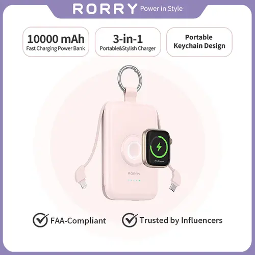 RORRY 10000mAh Mobile Portable Charger, Fast-Charging Compact Durable Everyday Carry Gear with Built-in Cables, Keychain, Wireless Magnetic Protection - Lightweight Travel Battery Pack for iPhone 17-11, iWatch, Android, AirPods, iPad, Father's Day Gift,so