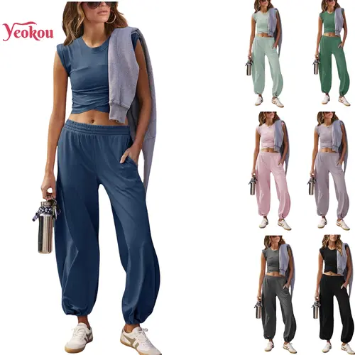 Yeokou Women's 2-Piece Sleeveless Activewear Set, Casual Lounge Tracksuit with Cropped Top, Athletic Sweatpants, Pockets for Sports Clothes,sohochic