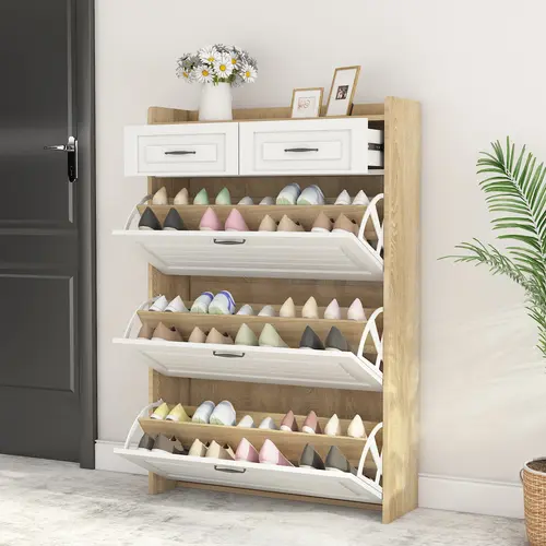 Spaco White Wooden Freestanding Shoe Cabinet with Metal Accents - Narrow Entryway Storage Rack, 3 Flip Compartments, 2 Drawers, 3-Tier Adjustable Shelves, 15-20 Kg Capacity