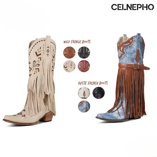 CELNEPHO Womens Cowboy Boots Pointed Toe Chunky Block Heel Western Fringe Mid Calf Boot Classic Tassel Embroidered Design Easy Pull on Gifts Country Wedding Party Dressy Casual Date Travelling Concert Outdoor Festival Trendy Fall Fashion Cowgirl Shoes