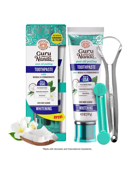 GuruNanda Hydroxyapatite Neem Whitening Toothpaste, SLS & Fluoride Free, Freshens Breath & Fights Plaque, Natural CocoMint Jasmine, 4.2oz