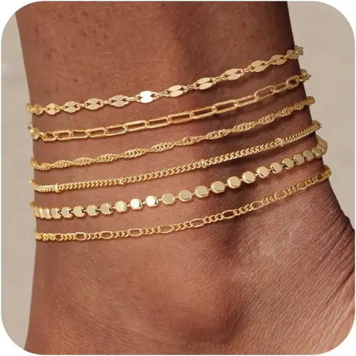 FREEKISS Waterproof Ankle Bracelets For Women 6PCS Thiny Herringbone Box Paperclip Bead Figaro Cuban Link Anklet Set Dainty Jewelry For Women Cute Summer Beach Jewelry Chains Beaded anklet Layers Textured